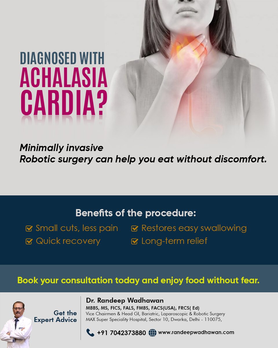 randeepwadhwan's tweet image. 🥗 Trouble swallowing food?
#AchalasiaCardia can be treated with Minimally Invasive #RoboticSurgery.

✅ Small cuts, less pain
✅ Quick recovery
✅ Easy swallowing
✅ Long-term relief

📅 Book your consultation &amp;amp; enjoy food without fear!

#GIHealth #DrRandeepWadhawan