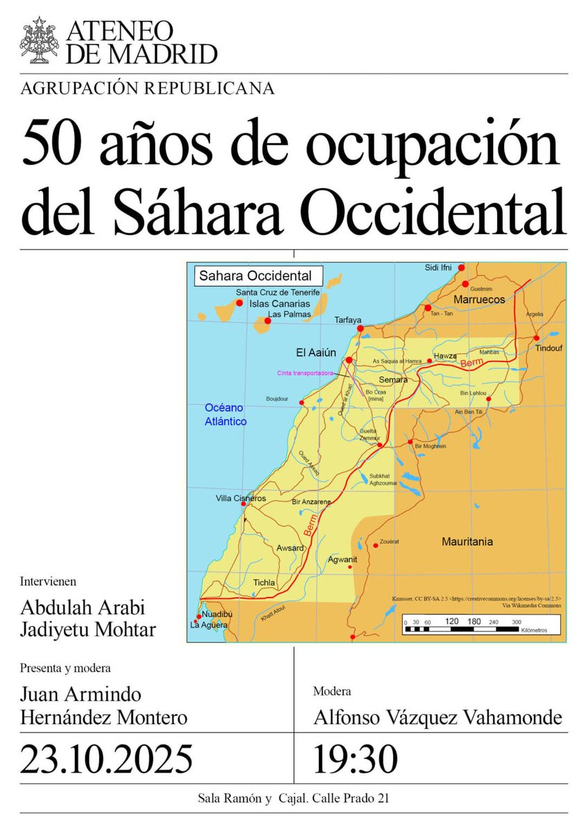 abdulahfpe's tweet photo. El @ateneodemadrid ha acogido esta tarde uno de los primeros actos programados para la conmemoración del #50aniversario de la ocupación del #SaharaOccidental.

5 décadas después el pueblo🇪🇭 sigue luchando contra la ocupación, por su derecho a la autodeterminación e independencia. https://t.co/b7nJKlBSnl