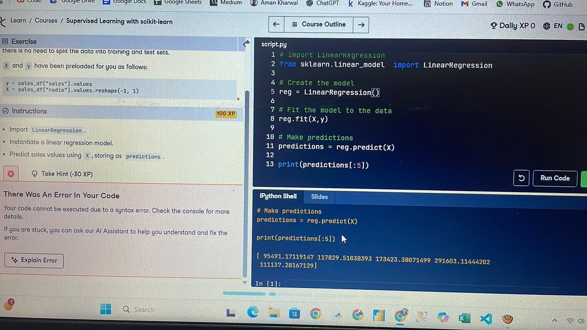datanerdcsv's tweet image. Day 2&amp;amp;3 
 
I started Regression  after completing Classification for day 1 
I learned about the mechanics of linear regression. I got introduced to building regression models to predict sales values using a dataset on advertising expenditure.