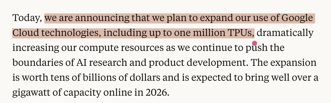Anthropic: "We are announcing that we plan to expand our use of $GOOGL Cloud technologies, including up to one million TPUs..." $AVGO
