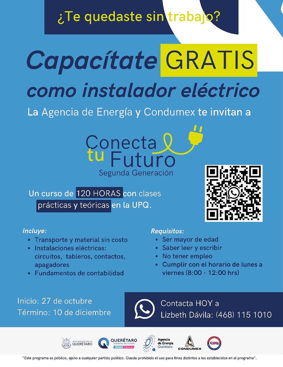 ⚡ ¡Te invitamos a formar parte de la 2ª generación de “CONECTA TU FUTURO”! 🔌
Tenemos 3 lugares disponibles, ¡llama ya y fortalece tus habilidades en instalaciones eléctricas! 🔧💡
🚀 Iniciamos este lunes, ¡no te quedes fuera!