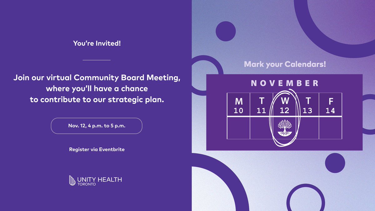 UnityHealthTO's tweet image. 🗓️ Mark your calendars!
Join us Wednesday, Nov. 12 at 4 p.m. for a virtual Community Board Meeting and help shape the future of Unity Health Toronto. Your voice matters in our next Strategic Plan.
👉 Register now: unityhealth.to/2025/10/commun…