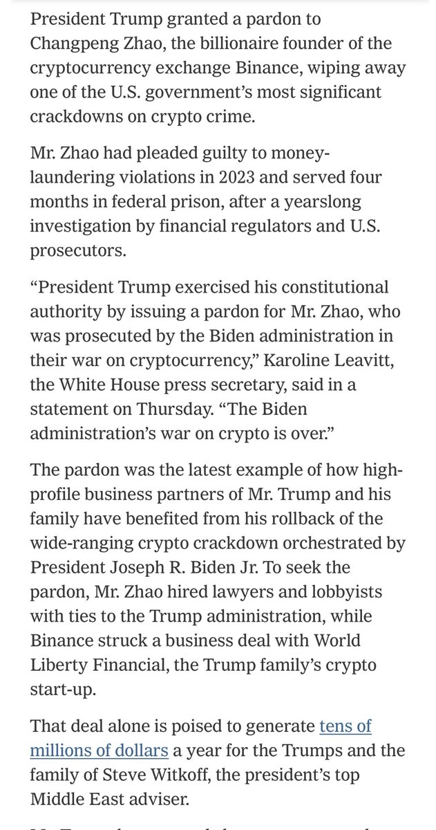 川普赦免了2023年已认罪的张长鹏，说他认罪是遭到拜登的迫害。作为交换条件，赵长鹏的币安和川普的卖币平台“世界自由金融”合作，每年进贡几千万美元。