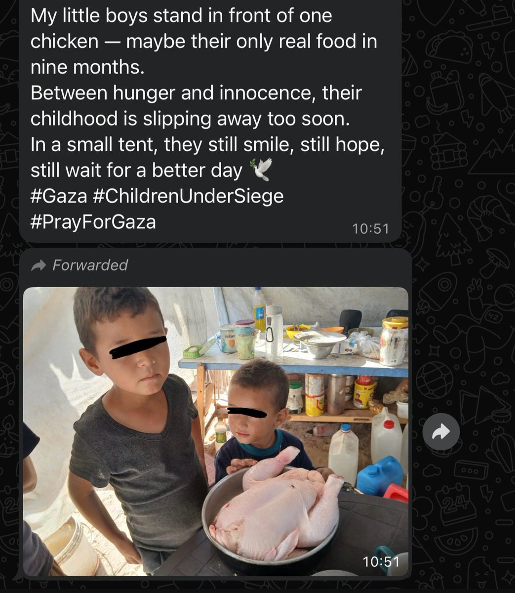 FerozeSidhwa's tweet image. From a friend in Gaza with five small children to feed, who has lost almost half of his own body weight since March