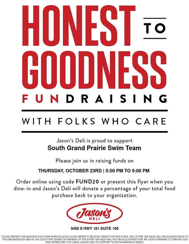 Looking for something to eat after the football game tonight? 

Join us at Jason’s Deli on 161 anytime from 5-9 PM.

Be sure to mention SGP Swim when you order, and a portion of the proceeds come back to our program.