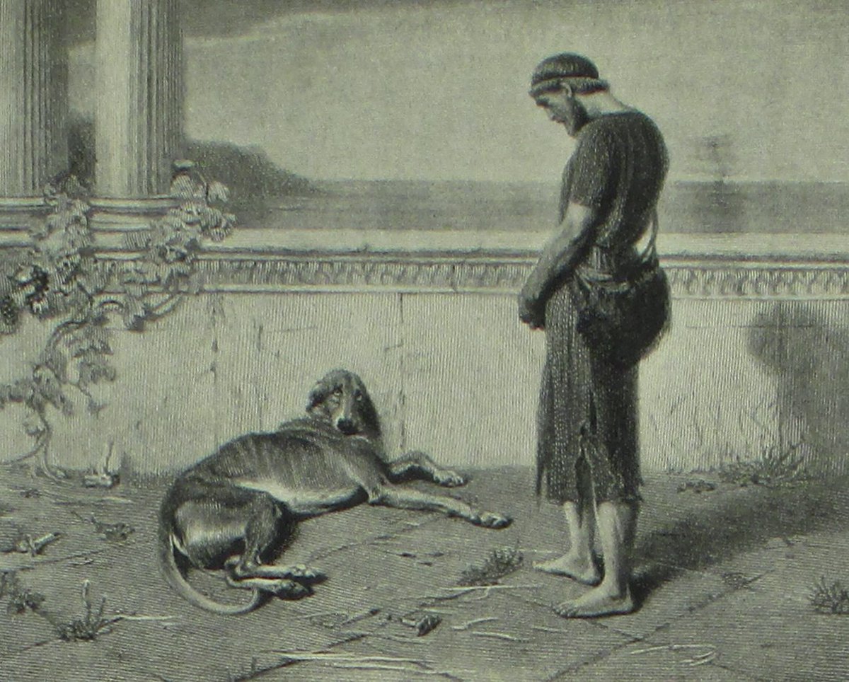 "And when he realized Odysseus was near, he wagged his tail, and both his ears dropped back. He was too weak to move towards his master. At a distance, Odysseus had noticed, and he wiped his tears away and hid them easily..."