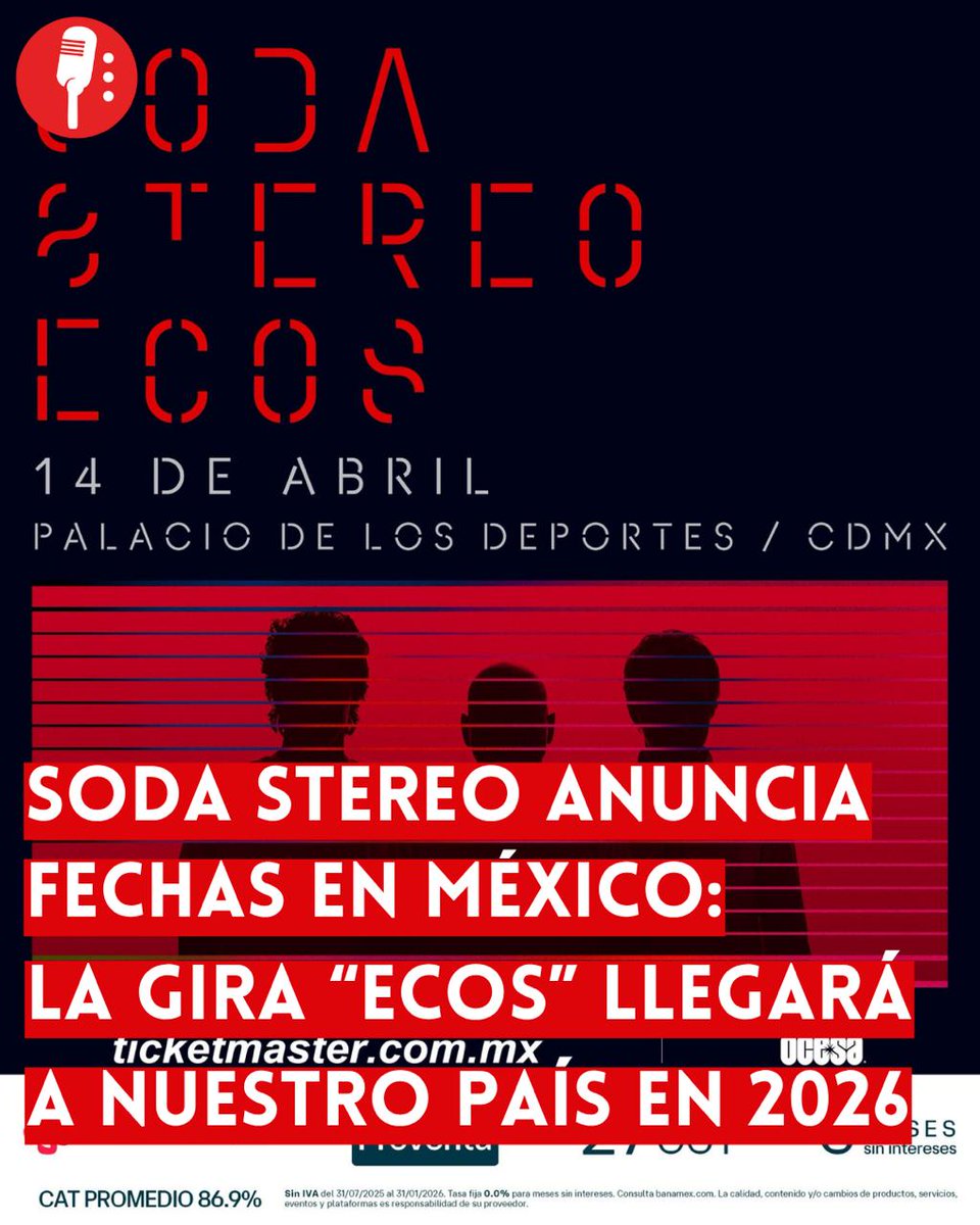 ⭕ OJO |  SODA STEREO REVIVE SU MAGIA Y ANUNCIA TRES CONCIERTOS EN MÉXICO PARA 2026

La legendaria banda argentina Soda Stereo (<a href="/sodastereo/">Soda Stereo</a>) regresará a México en abril de 2026 con un espectáculo sin precedentes impulsado por tecnología de vanguardia. El trío integrado por