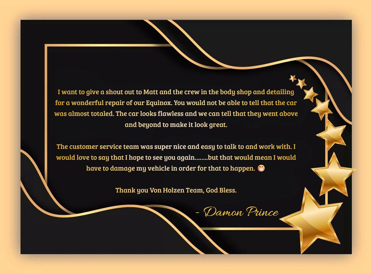 von_ChevyGMC's tweet photo. We'd love to see you again, Damon, but hopefully not at the expense of damaging your vehicle. 🤣 Thank you for recognizing our body shop, detailing, and service team.⭐️⭐️⭐️⭐️⭐️ 

#customerservice #review #Wisconsin #cars #cardealership #bodyshop #service #detailing #happy https://t.co/fQTmPboeD9