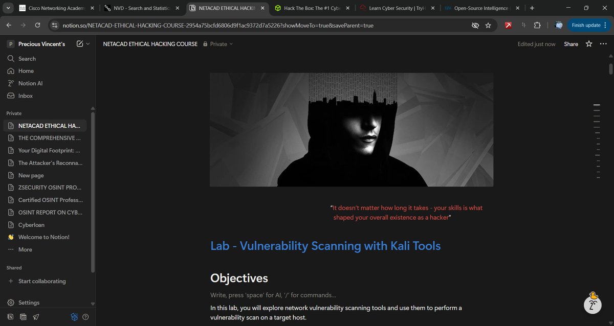 d4rk_intel's tweet image. Lately, I have embrace digital note-taking. Using @NotionHQ has been a good feat as it heighten the practical approach to my course. Would roll this up later into a PDF for future reference - maybe with unification of other essential aspects.
#Cybersecurity #OSINT