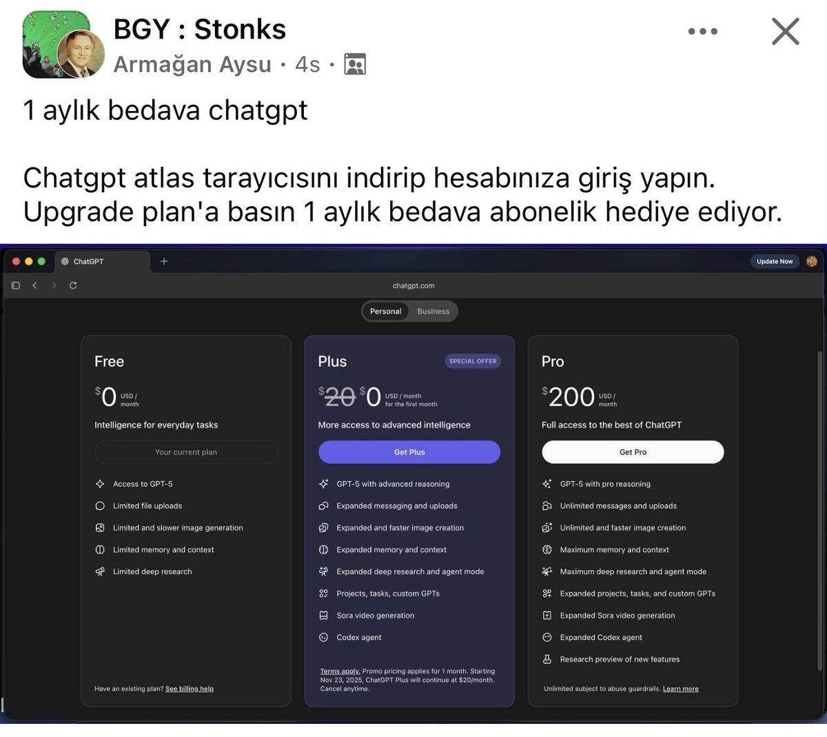 ChatGPT, 1 aylık ücretsiz abonelik veriyor.
ChatGPT Atlas tarayıcısını indirip hesabınıza giriş yapın, ardından “Upgrade plan”a tıklayın. 1 aylık ChatGPT Plus otomatik olarak aktif oluyor.