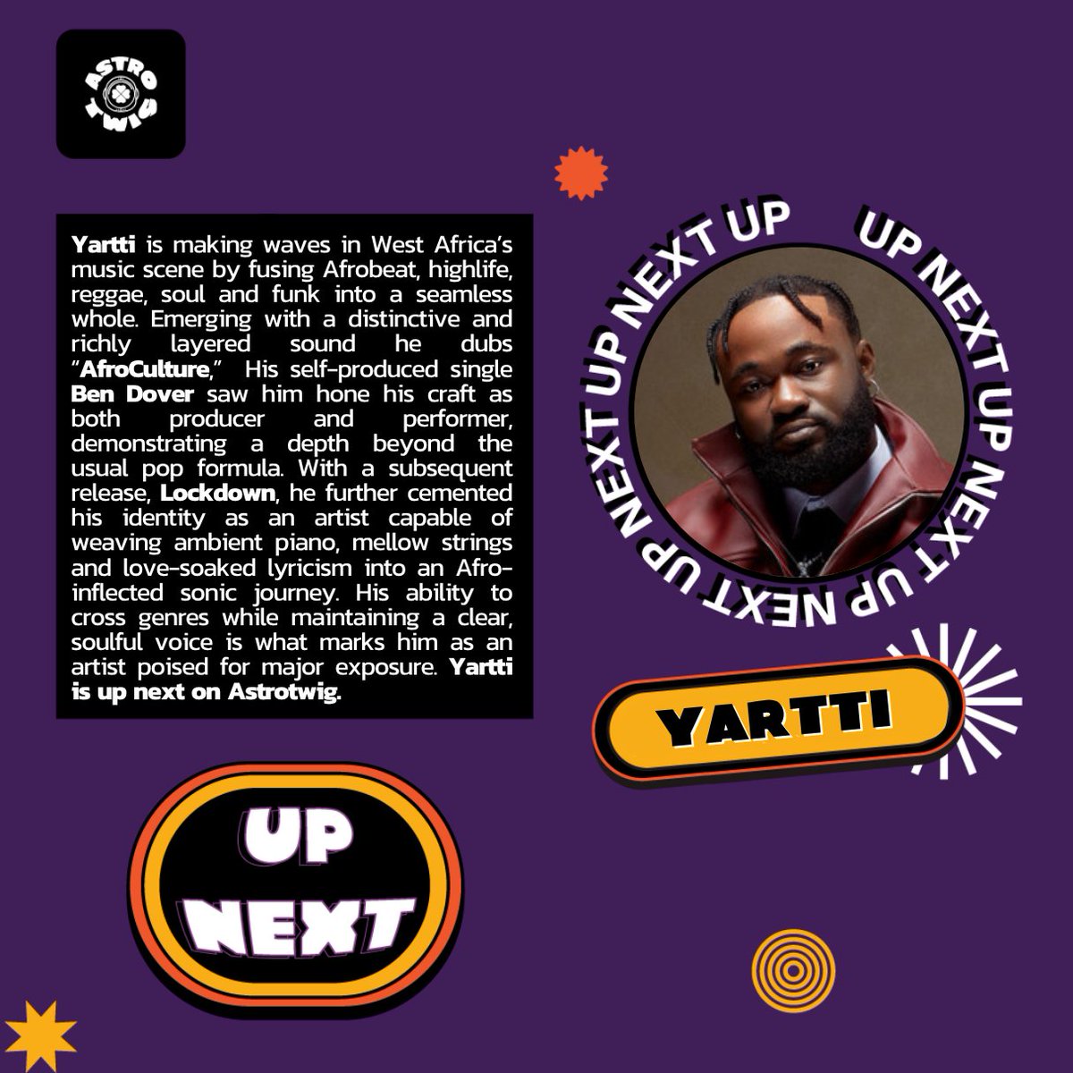 Astrotwig's tweet image. Yartti is #UpNext on Astrotwig!

The silk-voiced singer, Yartti, dabbles between Afropop and R&amp;amp;B, no wonder his melodies and lyrics are so sharp-witted. His latest project, “Tales of a Dreamer” EP proves @yartti_tm is meant for the big league. 💜✨

#FeelTheRhythm #StayAbove
