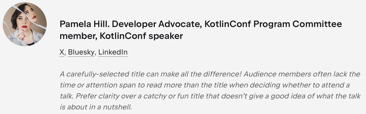 kotlinconf's tweet image. You never get a second chance to make a first impression, and your talk’s title is your earliest opportunity to capture attention. ✨
@pamelaahill shares her tips on creating a strong KotlinConf’26 proposal.
✍️ Submit your session: sessionize.com/kotlinconf-202…