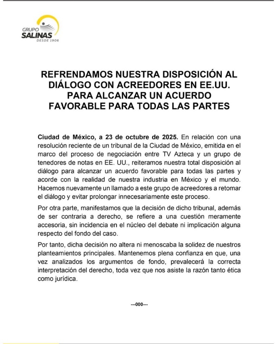 El día de hoy, el Décimo Tribunal Colegiado del Primer Circuito, resolvió dejar sin efecto las medidas cautelares dictadas en el juicio mercantil promovido por TV Azteca contra sus acreedores en los Estados Unidos, ya que se habían otorgado esas medidas bajo el argumento del caso