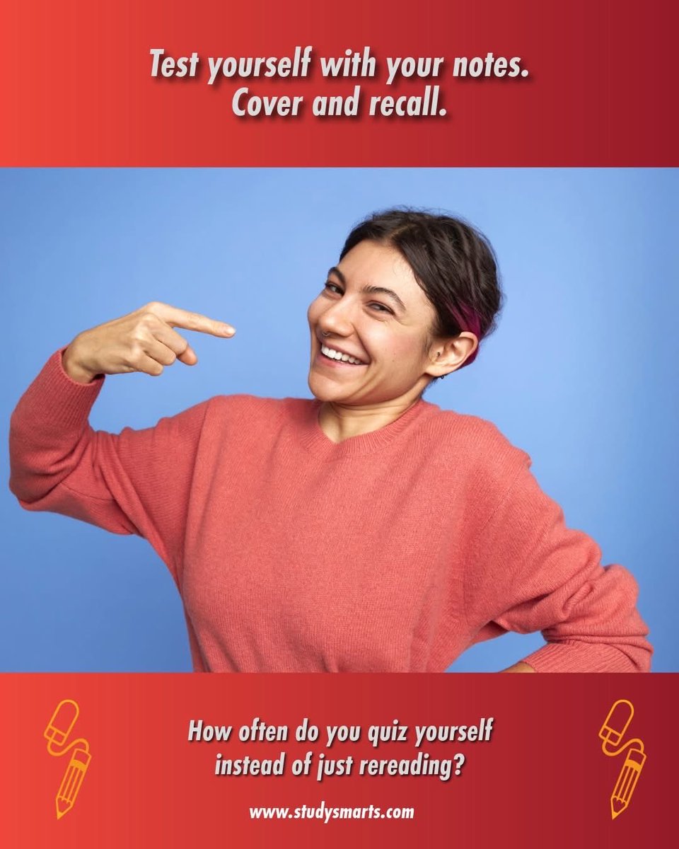 StudySmarts's tweet image. Test yourself with your notes.

Cover and recall.

How often do you quiz yourself instead of just rereading?

#ActiveRecall #MemoryBoost #StudentTips