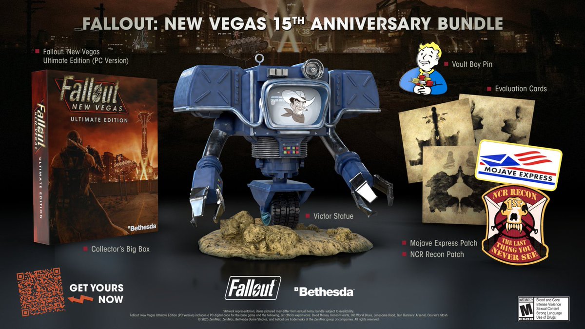 Pathoshot's tweet image. Fallout New Vegas 15th Anniversary Bundle is coming home. It may not be a remake or remaster but as a fan I’m still going to buy it to support my all-time favourite rpg out there. #FalloutNewVegas
