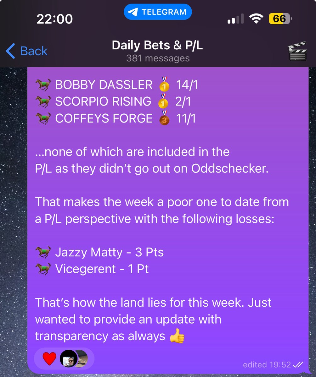 I was nearly -60 Pts at the start of February and those loses were published day in, day out.

Was I lying then and actually winning? 

In addition, I’ve had 2 winning selections this week @ 14/1 and @ 2/1 as well as a place @ 11/1. 

Due to a technical error, they didn’t go out