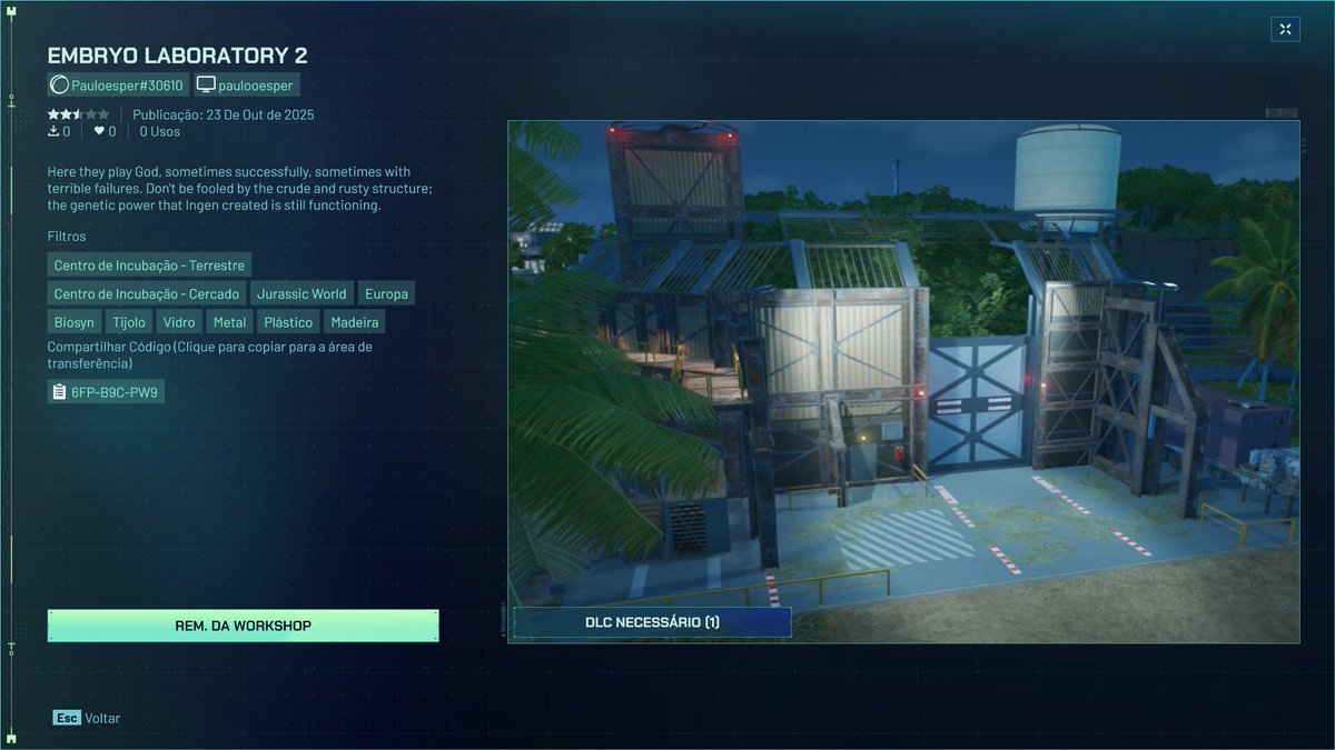 Another abandoned/rusty park-style project for Jurassic World Evolution 3, the Embryo Laboratory, is now available on the workshop. Enjoy! 🦕🦖Code: 6FP-B9C-PW9 #JurassicWorldEvolution3