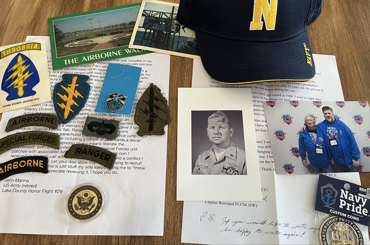 Each letter that I receive is a story. It’s a personal interaction, which the world needs more of. In response to my Lake County Honor Flight letters, it was a privilege to receive two packages today. Letters, challenge coins, and even a hat. THANK YOU Mr. Manna and Mr. Rowland.