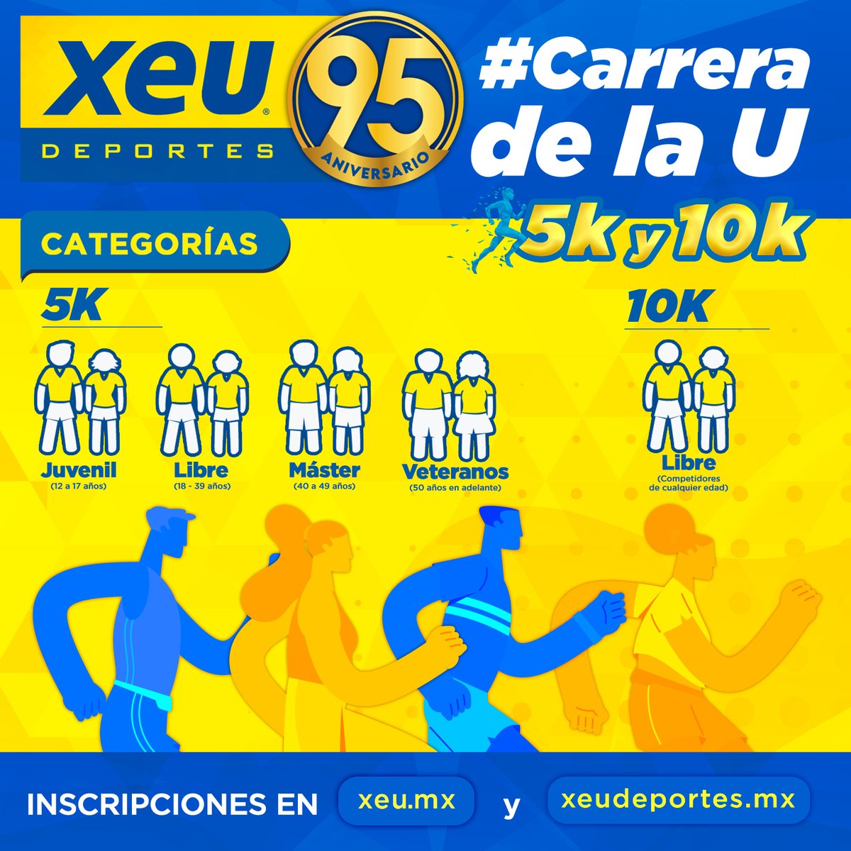 ¡La #CarreraDeLaU está de regreso!🏃‍♀️🏃

Este 14 de diciembre vuelve la Ola Amarilla con todo, celebrando el 95 aniversario de XEU con más de 200 mil pesos en premios🤩👀

Participa en las diferentes categorías de 5 y 10 kilómetros🤝

Las inscripciones ya están abiertas a través