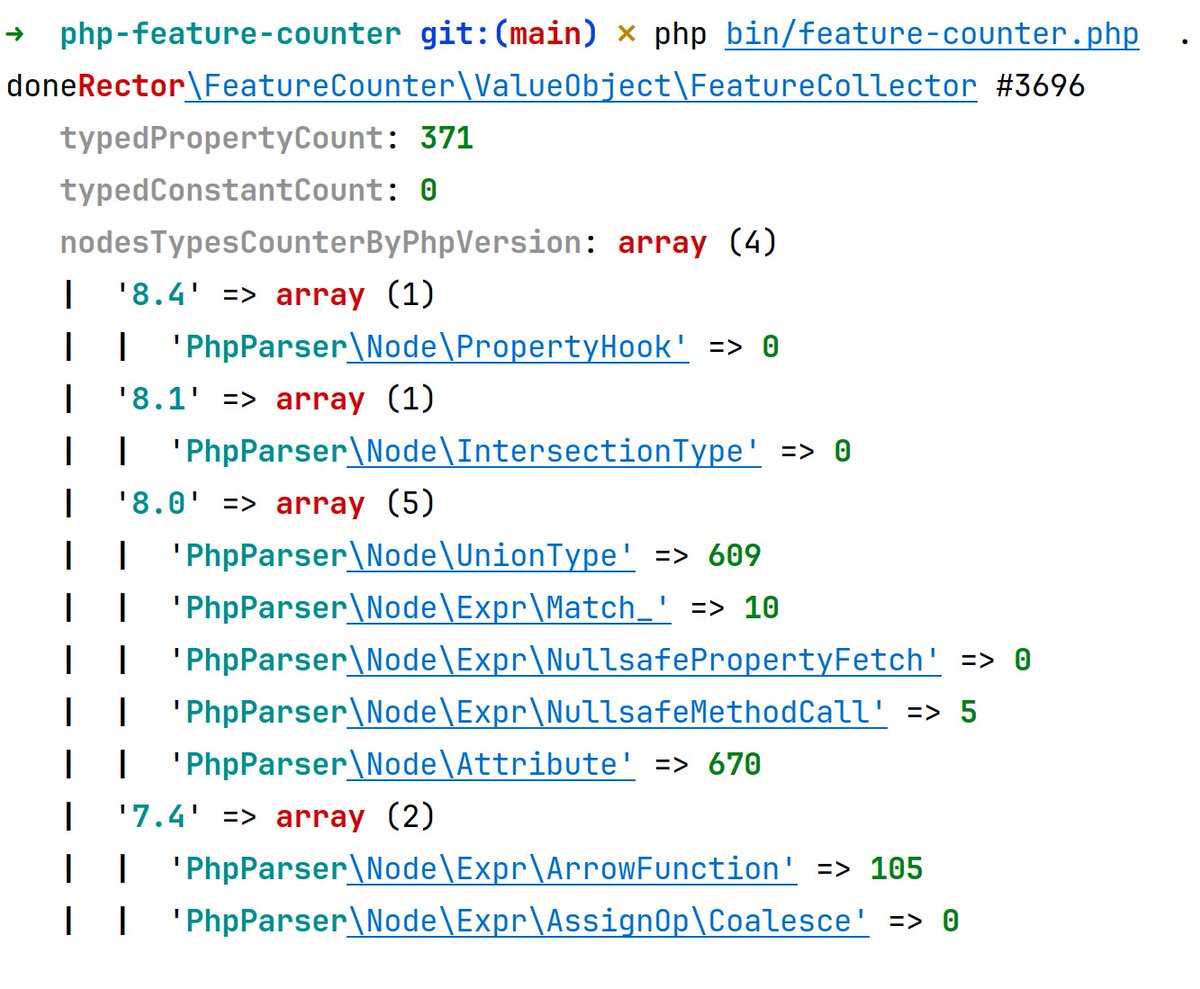 VotrubaT's tweet image. When you're dealing with a new legac project, you need to understand mess fast.
composer.json is nice start (if project has it), but if often doesn't tell you anything about real PHP code situation.
Simple php-parser script does 😇