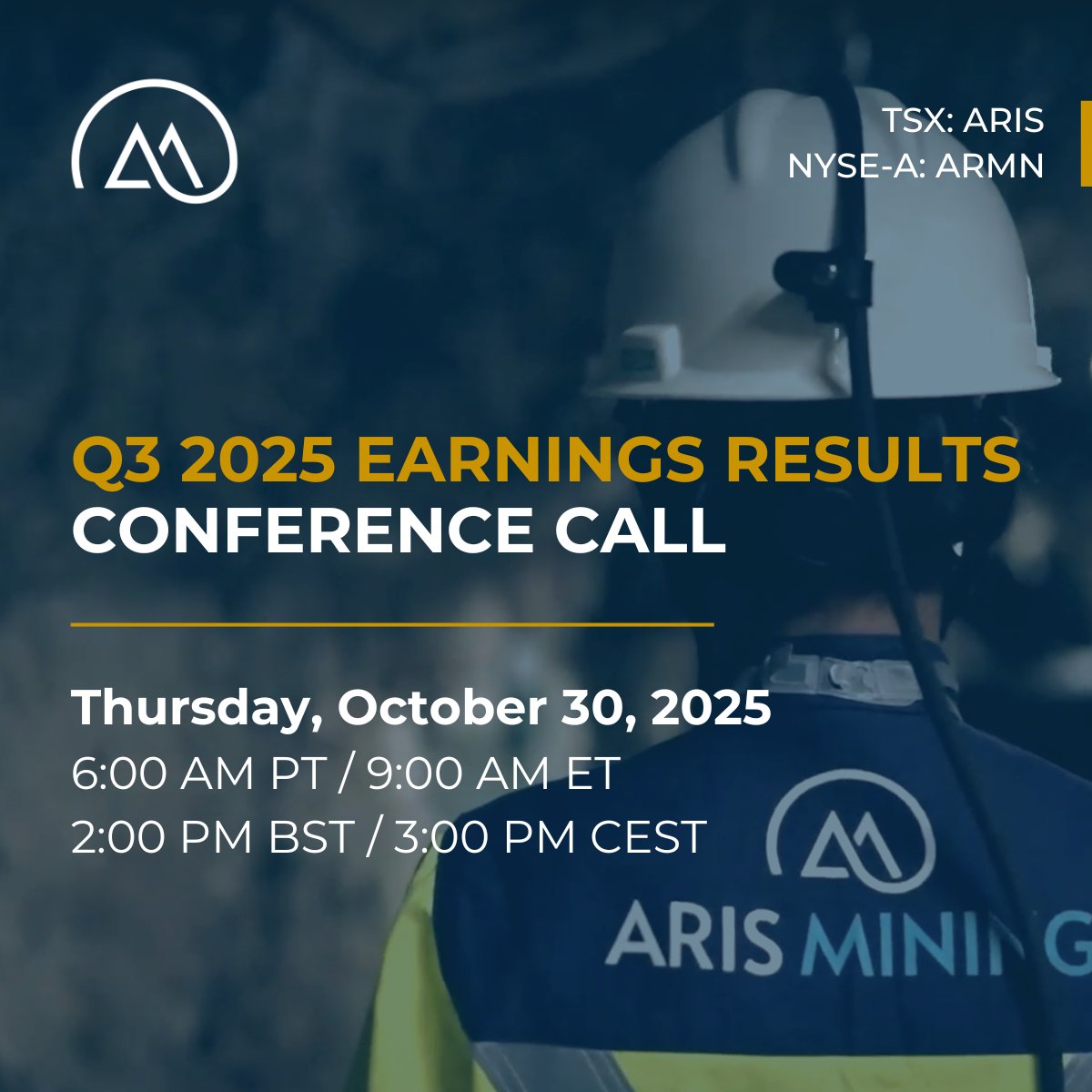 Aris Mining will publish its Q3 2025 financial results after market close on Wednesday, October 29, 2025 and host a conference call on Thursday, October 30, 2025.

📌 Conference call details available here: …ng-2023.s3.ca-central-1.amazonaws.com/media/2025/10/…

TSX: $ARIS.TO | NYSE-A: $ARMN
#ArisMining