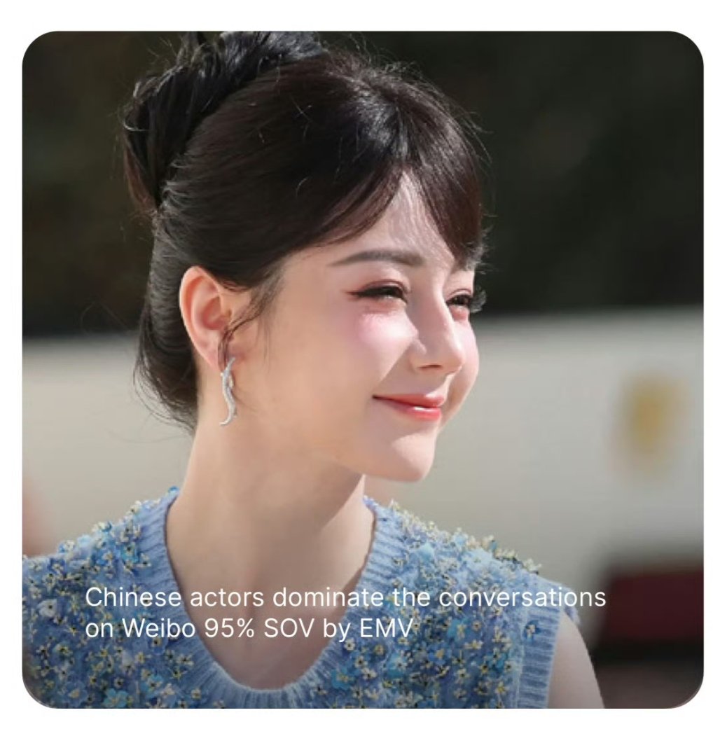 #Dilraba ranks #1 as the top influencer on weibo, generating $22M in EMV during the womenswear SS26 fashion weeks, according to lefty data 🙌🔥

she also leads the conversation among Chinese actors, appearing in the thumbnail for the “95% SOV by EMV"

#DilrabaDiorSS26 <a href="/Dior/">Dior</a>