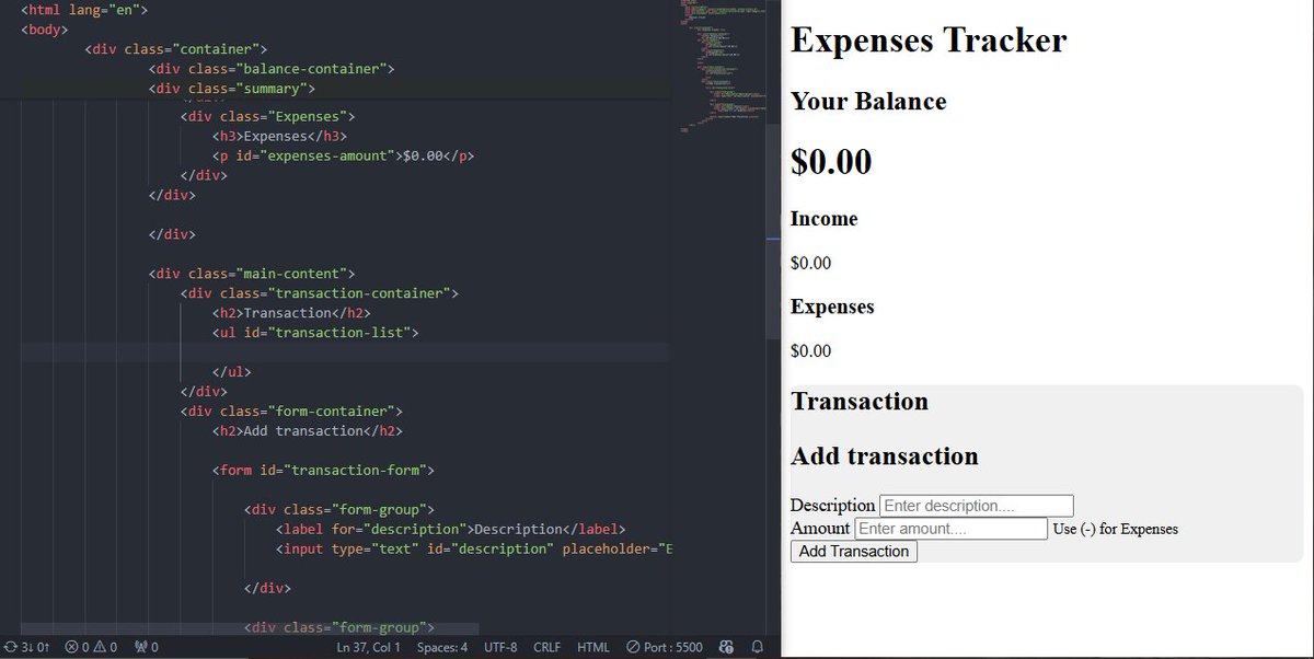 YOUSSEF12242326's tweet image. Project #5 — Expense Tracker 💸
Continuing my 15 pure HTML, CSS & JS projects series 
this time I built a simple Expense Tracker App to manage income & expenses dynamically.
Next step: styling + js dynamic 🦾
 #buildinpublic #100DaysOfCode #WebDevelopment