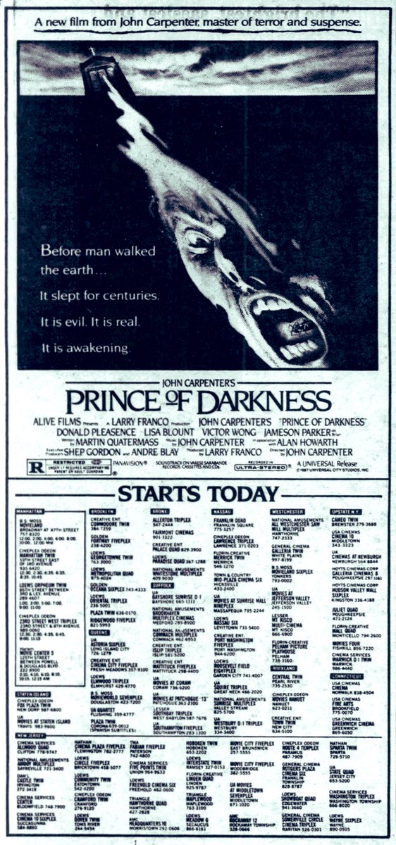 "When a movie promises us the Prince of Darkness, we expect more than a green thing in a tube that sprays fluids into people’s mouths," wrote naughty Roger Ebert. Well, I disagree! 

John Carpenter's magnificent scarer, PRINCE OF DARKNESS, was released 38 years ago today! #horror