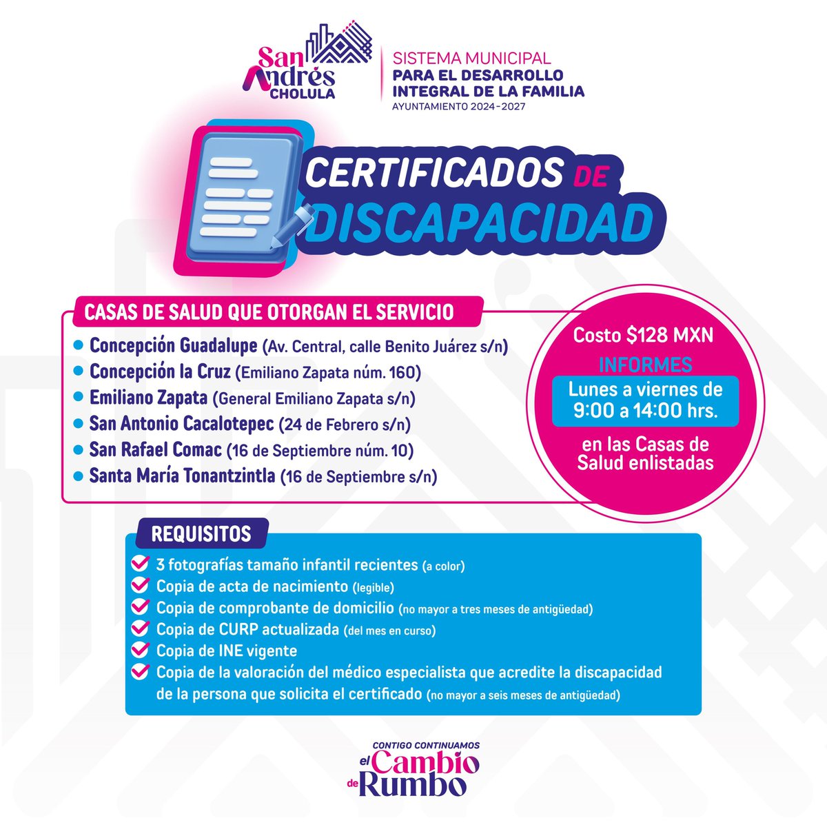 📝💙Si necesitas o conoces a quien requiera un Certificado de Discapacidad, en el #GobiernoDeResultados ponemos a tu alcance el trámite a través de las Casas de Salud. 🏥

⌚Lunes a viernes de 9:00 a 14:00 hrs.
Consulta los requisitos. ✅🌟

#ContigoContinuamosElCambioDeRumbo