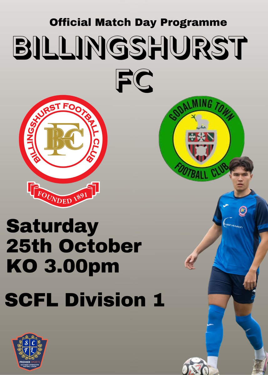 It's 1st vs 2nd in <a href="/TheSCFL/">Premier Sports The SCFL</a>  on Saturday as @billingshurstfc host <a href="/GodalmingTown/">Godalming Town FC</a>. 3pm KO. Bar &amp; cafe open so get down there early. Programme is available from billingshurstfc.co.uk or  tinyurl.com/yzjx5drc