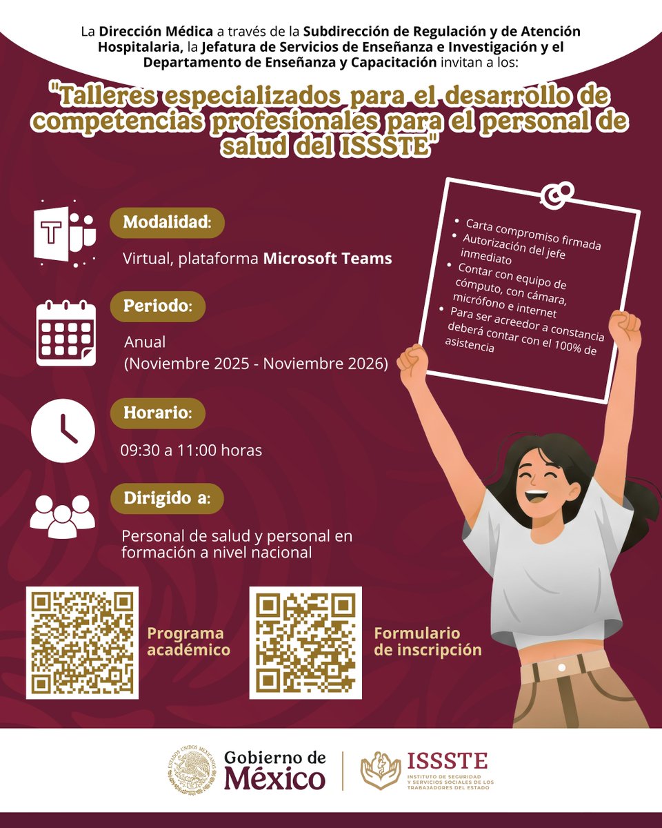 ISSSTE_mx's tweet image. 💙 ¡El #ISSSTE te abre las puertas al conocimiento! 🩺✨

Participa en los talleres especializados para el desarrollo de competencias profesionales y lleva tu carrera al siguiente nivel. 👏

📲 ¡Desde la comodidad de tu propio espacio! 💻 La modalidad es completamente virtual a…