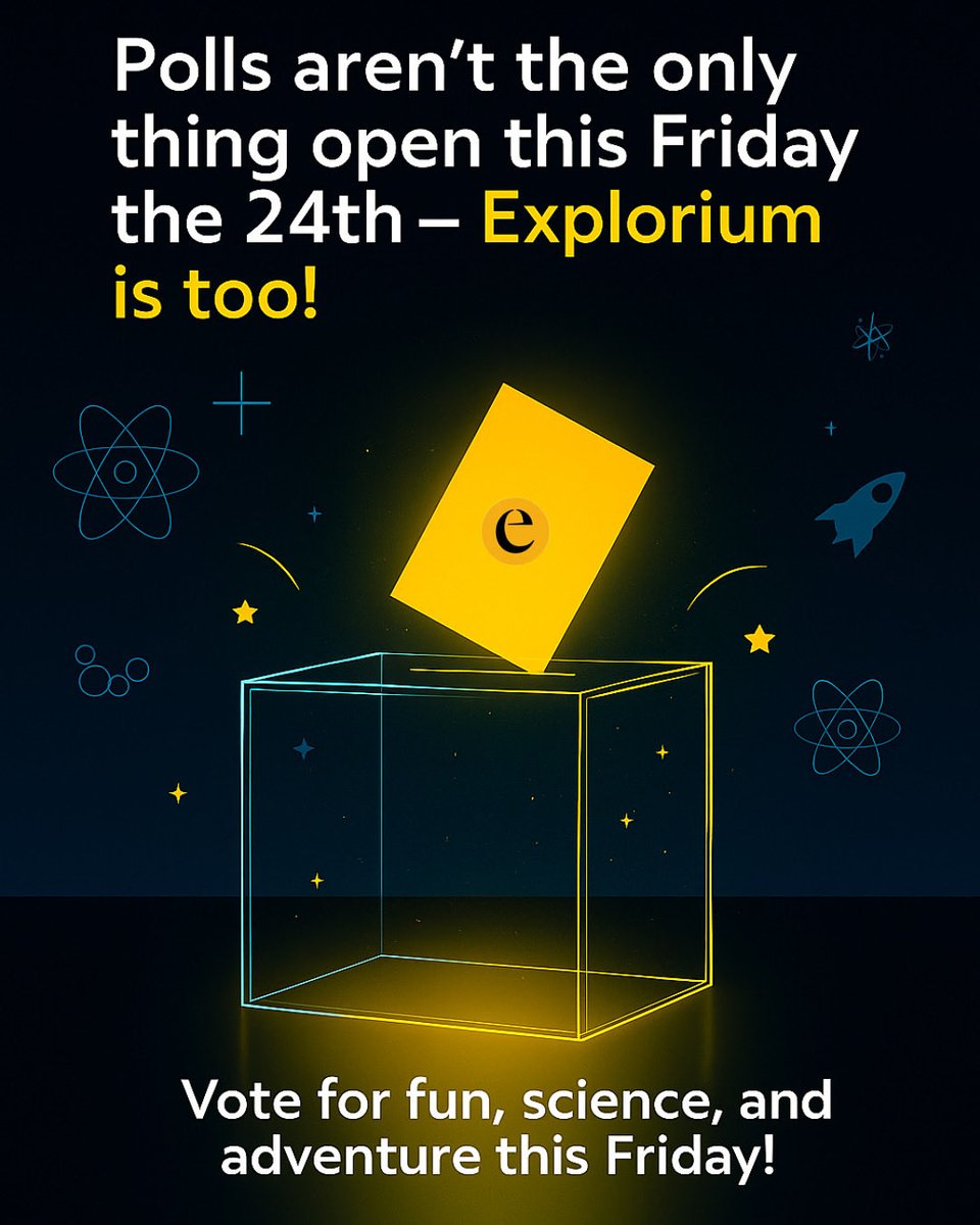 ExploriumI's tweet image. 🗳️ Polls aren’t the only thing open this Friday — Explorium is too! ⚡
Join us for a full day of fun, science, and adventure in our Activities, Science, and Junior areas while schools are closed. 🌟
#Explorium #STEM #FamilyFun #MidtermBreak