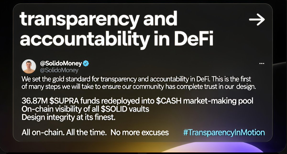dens_club's tweet image. Transparency and accountability are the backbone of DeFi, and @SolidoMoney is setting the gold standard with $SOLID. 
On-chain visibility of 36.87M $SUPRA funds and their redeployment into $CASH market-making prove it’s not just talk — it’s design integrity baked into the…