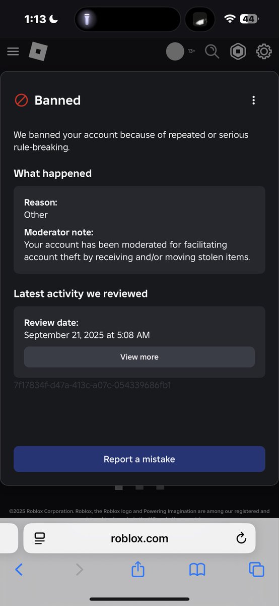 Still terminated after 1 month for trading limited items on Roblox. After Losing almost 9 million value I’ve received no help from support. <a href="/Roblox/">Roblox</a> <a href="/DavidBaszucki/">David Baszucki</a> <a href="/Roblox_RTC/">RTC</a> all my trades are fairly negotiated and I have never intentionally traded for stolen items. 

User: G00ub