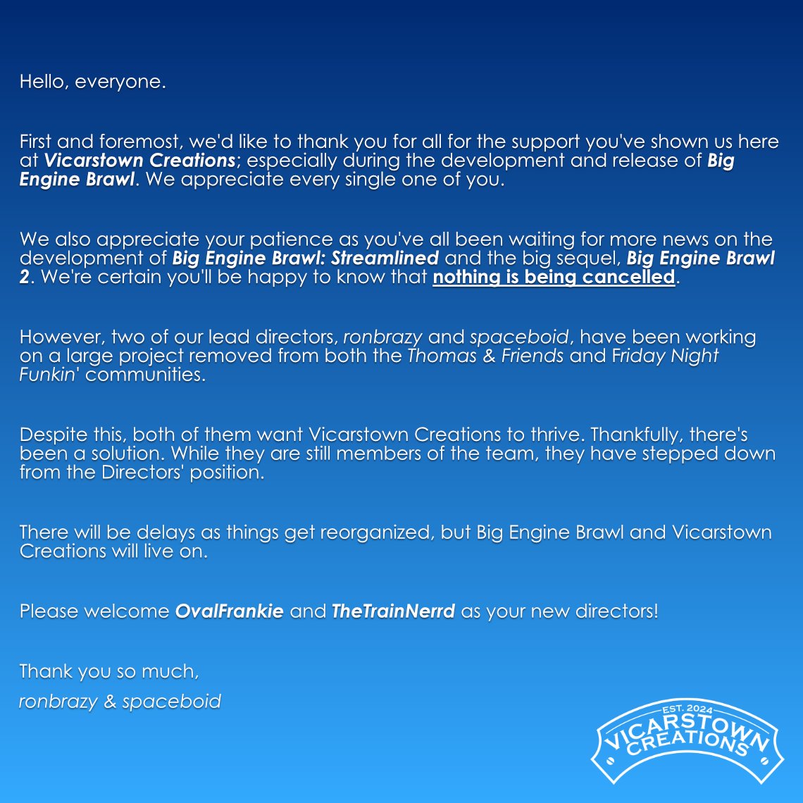 An important announcement.

#TTTEFunkin #BigEngineBrawl #VicarstownCreations