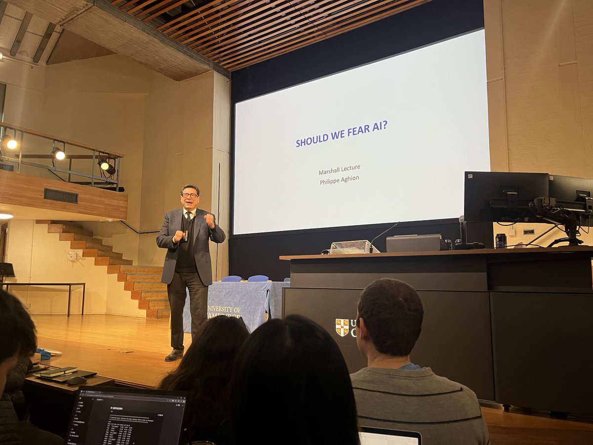 Another wonderful lecture by @ProfAghion! Continuation of the Marshall Lecture. Today it was about whether we should fear AI. And such a vivid mind. Inspirational