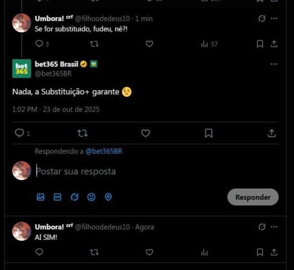 O problema não eh nem estar na regra

Eh o cara que representa a bet no X afirmar que tem subs garantida

Vai fazer nada mesmo? @bet365Br

<a href="/MinFazenda/">Ministério da Fazenda</a> <a href="/policiafederal/">Polícia Federal</a> <a href="/AdvocaciaGeral/">AGU</a> <a href="/LulaOficial/">Lula</a> <a href="/jairbolsonaro/">Jair M. Bolsonaro</a> <a href="/nikolas_dm/">Nikolas Ferreira</a> <a href="/jonesmanoel_PE/">Jones Manoel - YouTube: Farol Brasil</a> <a href="/GuilhermeBoulos/">Guilherme Boulos</a> <a href="/MarinaSilva/">Marina Silva</a> <a href="/FalleNCS/">Gabriel Toledo</a>