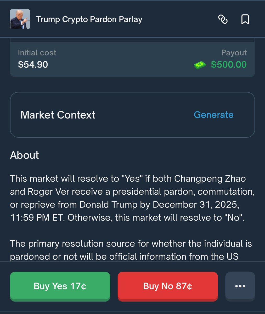 DT (@dannyt1502) on Twitter photo Anyways the good news is that there's always free money on <a href="/Polymarket/">Polymarket</a> everyday. 
Haven't been filled to the size I want yet but just wanted to show an example of an arbitrage I found on Polymarket.
Took Roger Ver pardon (No) at ~82c and Crypto Parlay - (CZ and Ver) Yes at 11c. Anyways the good news is that there's always free money on <a href="/Polymarket/">Polymarket</a> everyday. 
Haven't been filled to the size I want yet but just wanted to show an example of an arbitrage I found on Polymarket.
Took Roger Ver pardon (No) at ~82c and Crypto Parlay - (CZ and Ver) Yes at 11c.