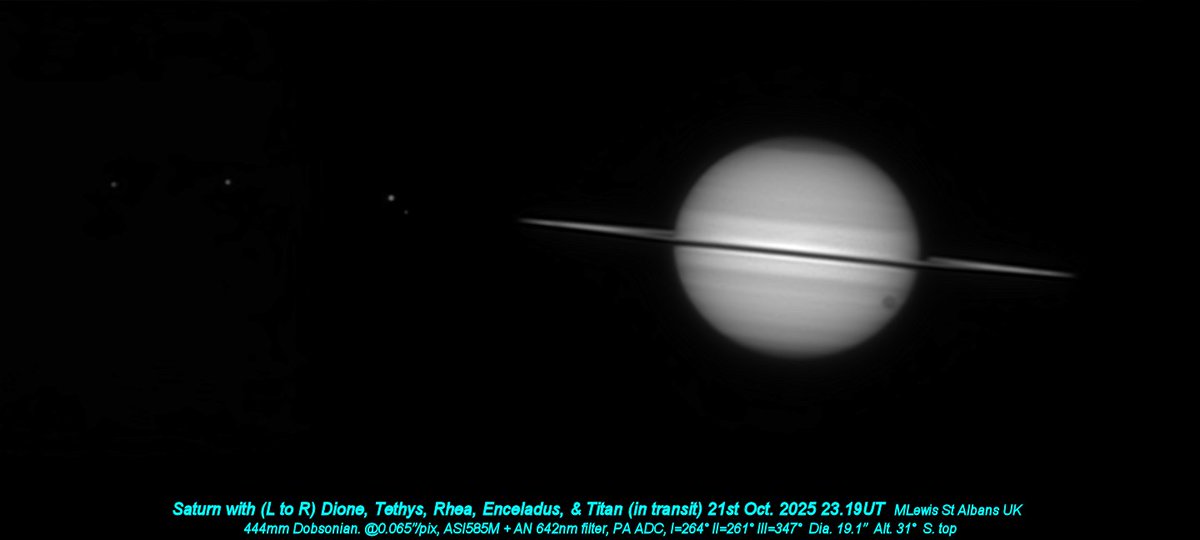 The Titan transit from Monday night just gone and my first image of such an event. Seeing just about okay with AN642nm filter. Titan is big and dark against the disc. Nice string of four moons on the LHS as a bonus