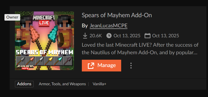 JeanLucasMCPE's tweet photo. Huge thanks for the 20K downloads of the Spears of Mayhem Add-On and the 8K downloads of the Nautilus of Mayhem Add-On! I'm really happy that you all enjoyed my concepts. 🧡😄

#Minecraft #Bedrock #MinecraftAddons #MountsOfMayhem https://t.co/bUNHuaMBaG