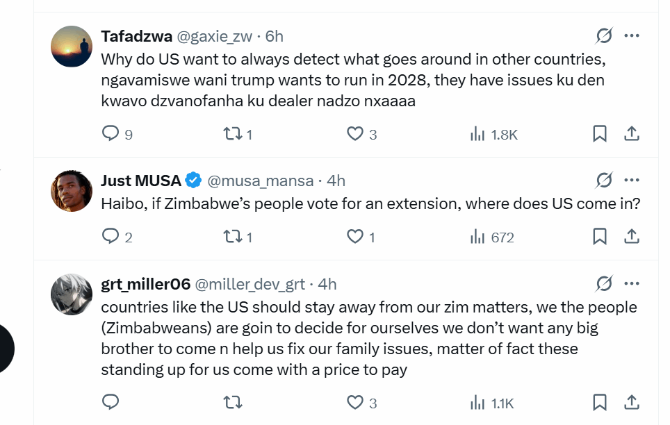 zimbabwewriter's tweet image. 🇿🇼🔥 “Stay in Your Lane!”
Zimbabweans clap back at the US after Congressman Meeks warns Mnangagwa against extending his rule beyond 2028 — voices across the political divide say our future is ours to decide!
Read more 👉 zimbabwenow.co.zw/articles/19059…

#Zimbabwe #Mnangagwa #USRelations