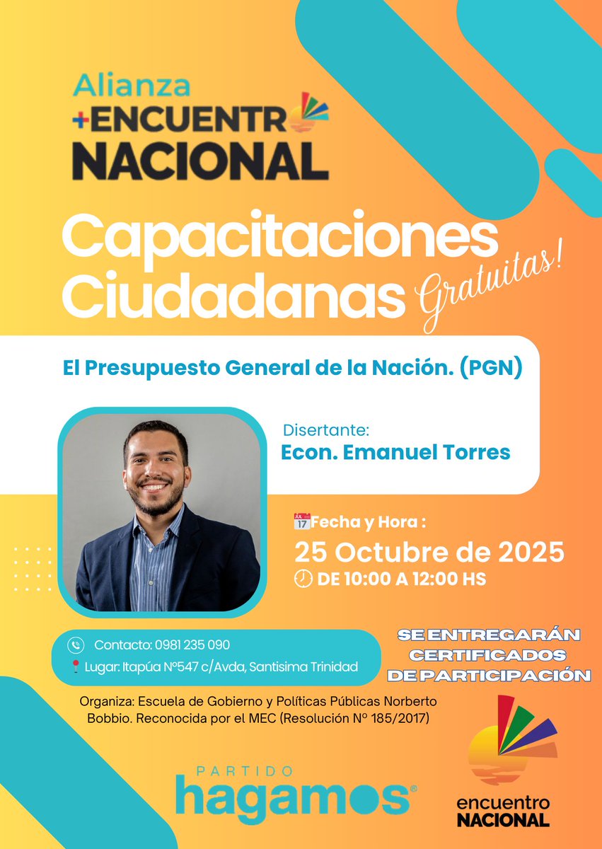 Te esperamos este sábado 25 de octubre para la siguiente capacitacion ciudadana gratuita que organiza la Alianza Encuentro Nacional.