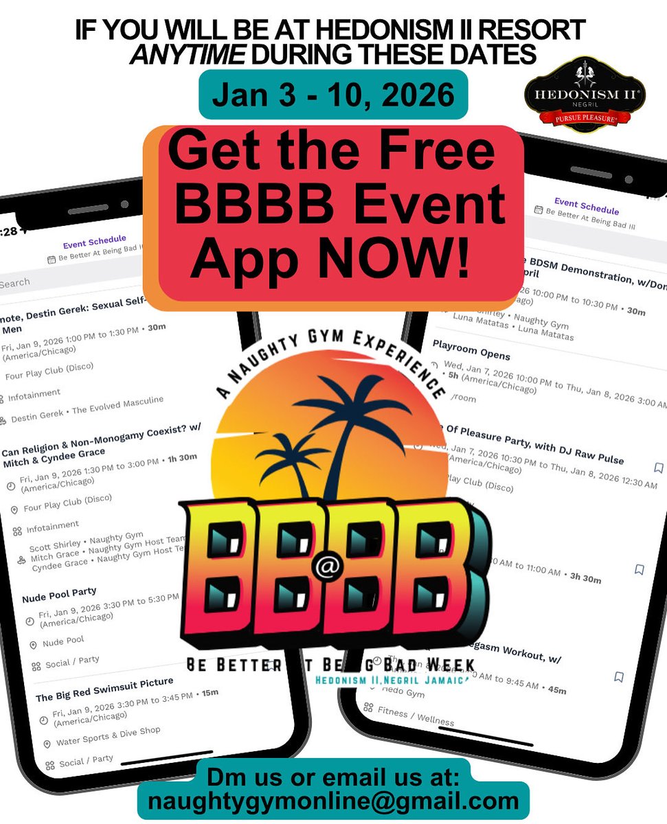 Who is joining the Naughty Gym crew at <a href="/HedonismJamaica/">Hedonism II, Negril</a> in January!?🇯🇲

We are only 72 days away.
And our event app is LIVE!

If you are ALREADY booked for, Be Better At Being Bad Week: A FULL Resort Takeover ,January 3-10, 2026, shoot us a DM here or email at