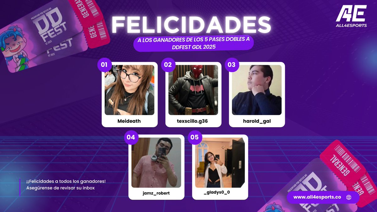 ¡Gracias a todos por participar en nuestro sorteo! 💜
Los ganadores ya han sido elegidos 🎉 Nos vemos en #DDFest2025 en Gdl para vivir juntos la aventura gamer más épica del año, no olviden checar inbox y pasársela increíble!
#All4Esports #Esports #GameOn #DDtech #Sorteo