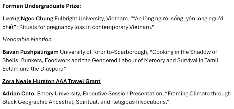The AFA Executive Board is delighted to announce the 2025 award winners! 
Please join us in celebrating our award winners at the AAA business meeting on Saturday 11/22, 8:30-10am, at Sheraton Orpheus (8thfloor). Coffee will be provided!