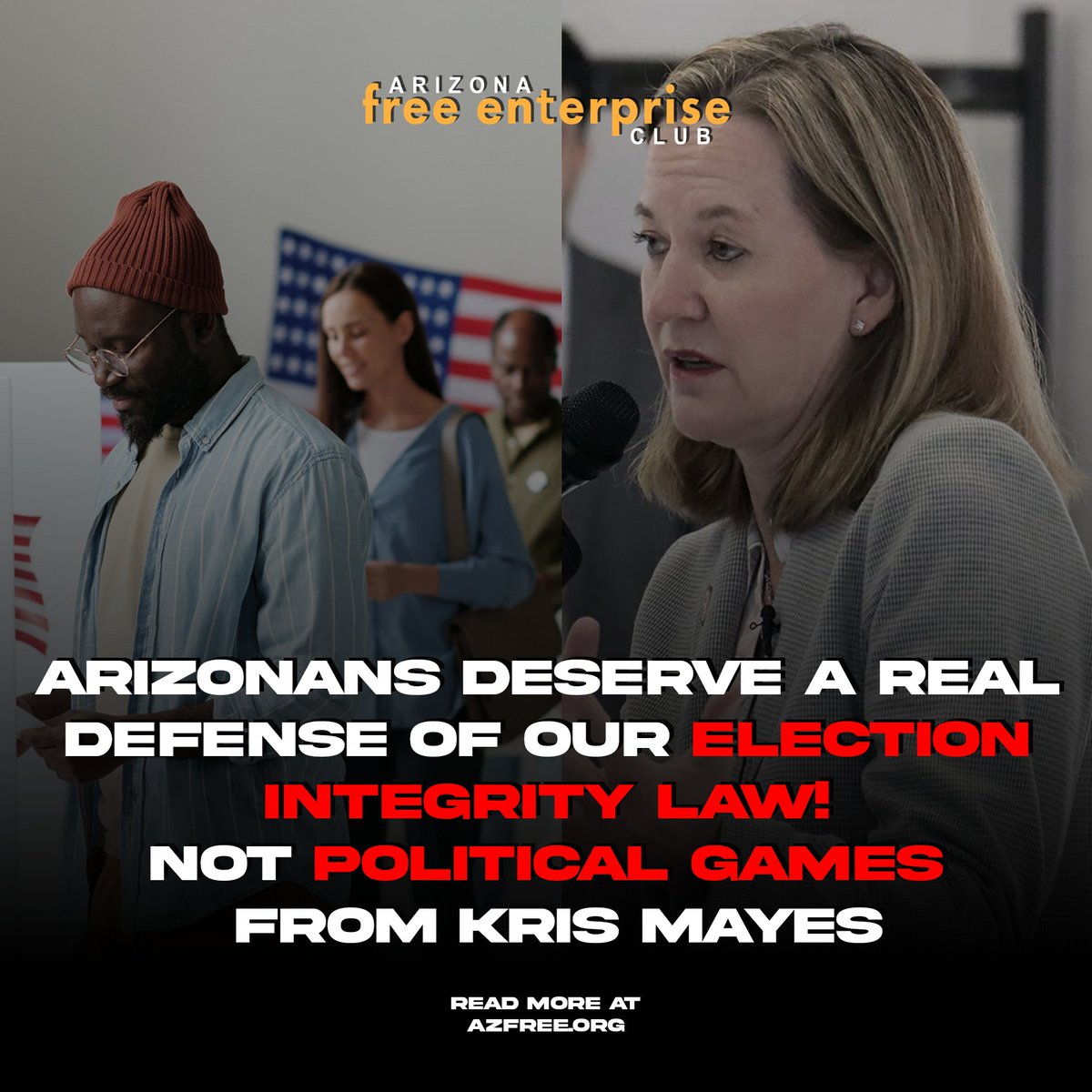 Arizona Free Enterprise Club (@azfec) on Twitter photo WHY Is Kris Mayes Undermining Arizona’s Proof of Citizenship Law?
In 2022, Arizona passed one of the strongest election integrity laws in the nation — HB 2492, requiring proof of citizenship to register to vote.
But now, after endless lawsuits from liberal groups (and millions WHY Is Kris Mayes Undermining Arizona’s Proof of Citizenship Law?
In 2022, Arizona passed one of the strongest election integrity laws in the nation — HB 2492, requiring proof of citizenship to register to vote.
But now, after endless lawsuits from liberal groups (and millions