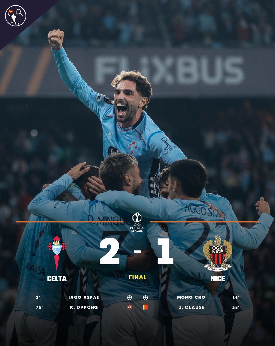 🇪🇺 <a href="/RCCelta/">Celta</a> 2 - 1 <a href="/ogcnice/">OGC Nice</a>
 
🏆 Uefa Europa League

🔵
X1 Iago Aspas
X1 K. Oppong (OG)

⚫
X1 Momo Cho

ℹ️ 𝐄𝐥 𝐂𝐞𝐥𝐭𝐚 𝐯𝐮𝐞𝐥𝐯𝐞 𝐚 𝐠𝐚𝐧𝐚𝐫 𝐜𝐨𝐧 𝐮𝐧 𝐠𝐨𝐥𝐚𝐳𝐨 𝐝𝐞 𝐈𝐚𝐠𝐨 𝐀𝐬𝐩𝐚𝐬 🔝⚽