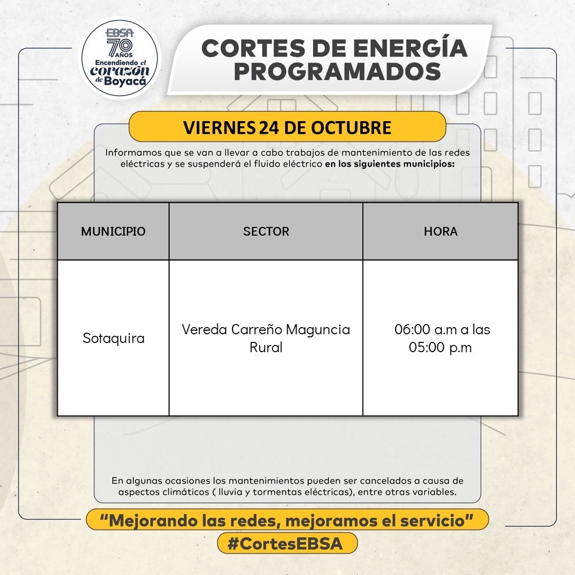🕯️ #CortesProgramados | Viernes 24 de octubre 🗓️ Programación de suspensiones en el servicio de 💡energía,  para el mantenimiento e instalación de redes. Infórmate sobre las suspensiones en tu área visitando ➡️ ebsa.com.co/sitio/cortes_e…