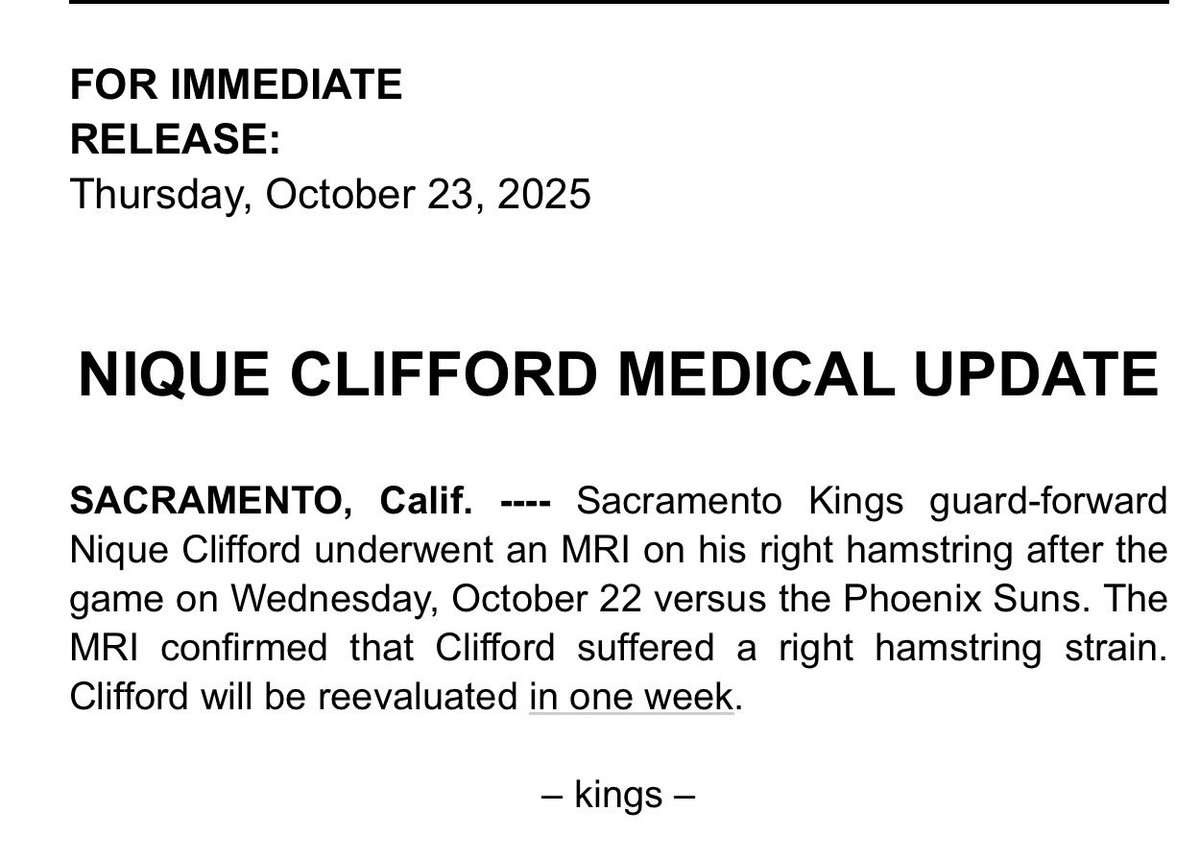 Kings announce a right hamstring strain for Nique Clifford. He will be reevaluated in one week. Another tough blow for the Kings. 