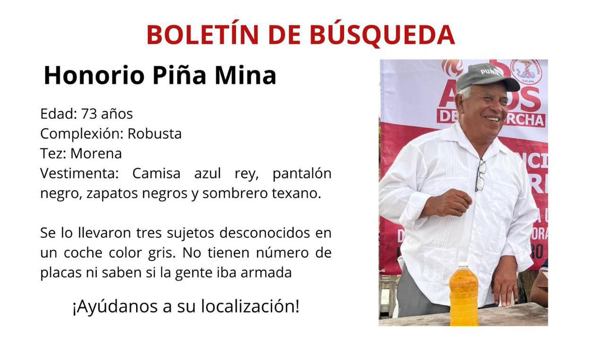 Que aparezca nuestro compañero Ing. Honorio Piña, quien fue secuestrado el día de ayer en su domicilio ubicado en el municipio de Ursulo Galván, Veracruz. Exigimos el actuar inmediato del gobierno del estado y la fiscalía.
 #QueAparezcaHonorioPiña y #VeracruzInseguro